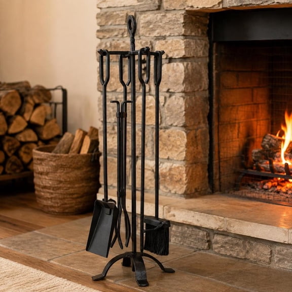 5 Pcs Fireplace Tool Set with Holder, Wrought Iron Tongs, Ash Shovel, Brush, and Poker, Black