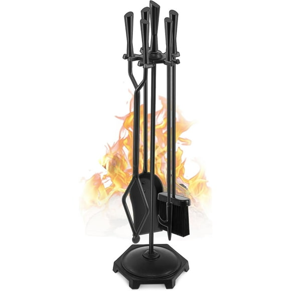 5 Pcs Fireplace Tools Set 32" Black Wrought Iron Large Fire Tool Set for Outdoor/Indoor Include Chimney Poker, Rustic Tongs, Shovel, Antique Brush and Stand Accessories Set