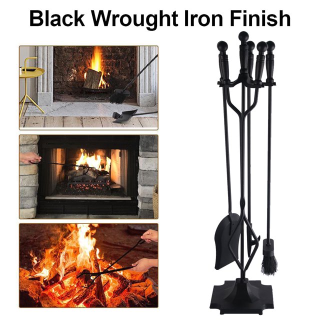 5 Pcs Fireplace Tools Sets Black Handle Wrought Iron Large Fire Tool
