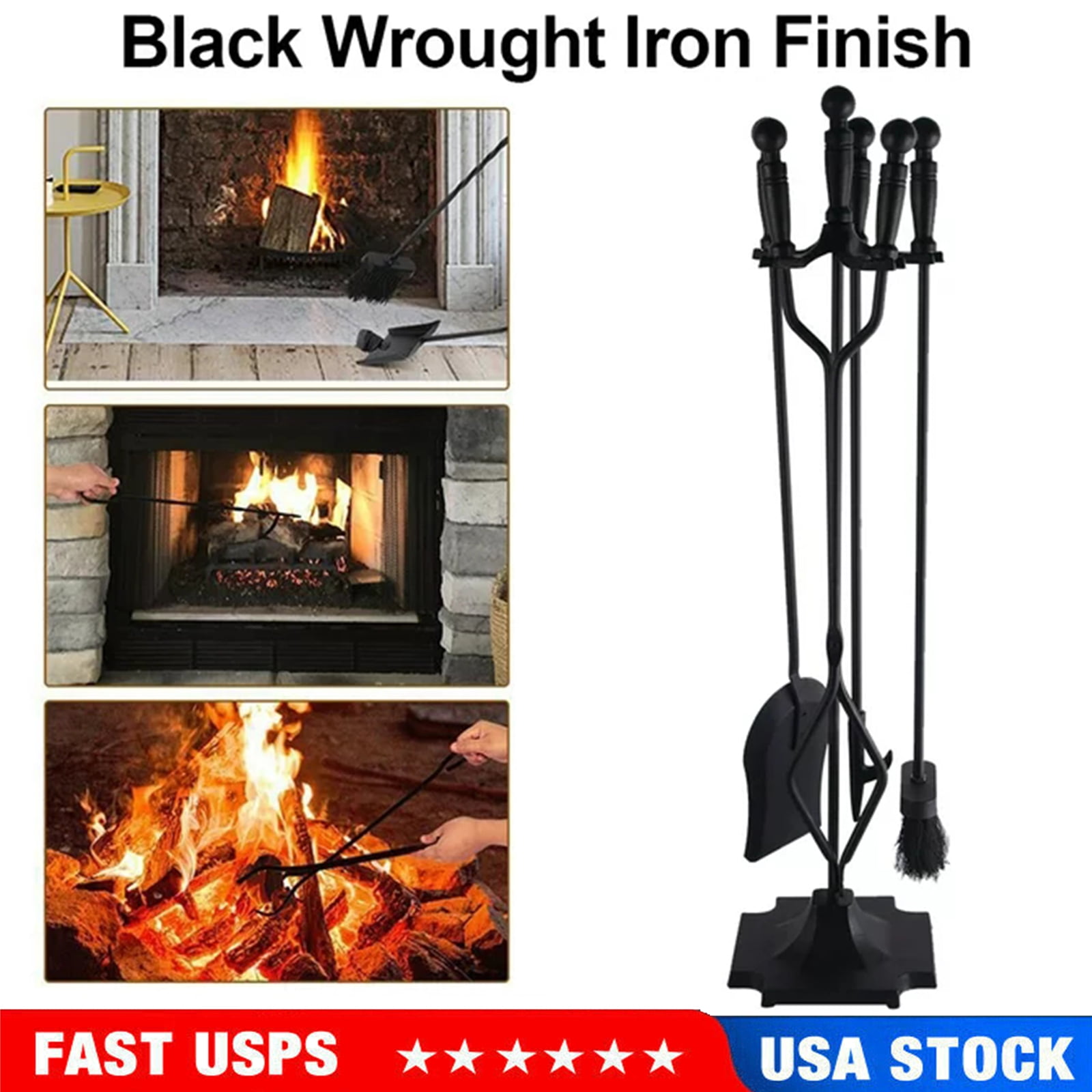 5 Pcs Fireplace Tools Sets Black Handle Wrought Iron Large Fire Tool