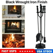 5 Pcs Fireplace Tools Sets Black Handle Wrought Iron Large Fire Tool Set and Holder Outdoor Fireset Stand Rustic Antique