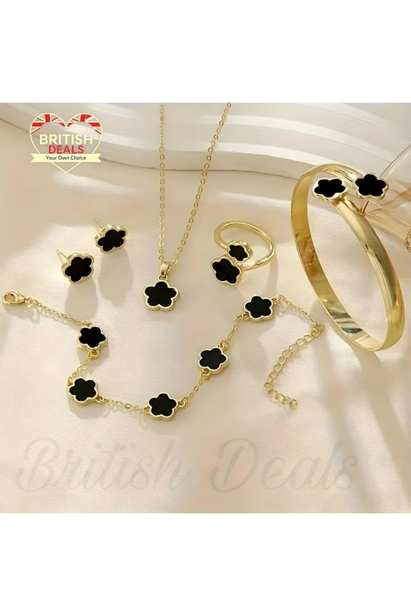 5 Pcs Five Leaf Clover Jewellery Set For Women Necklace Earrings Bangle Ring Bracelet