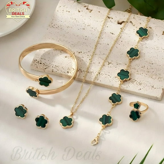 5 Pcs Five Leaf Clover Jewellery Set For Women Necklace Earrings Bangle Ring Bracelet