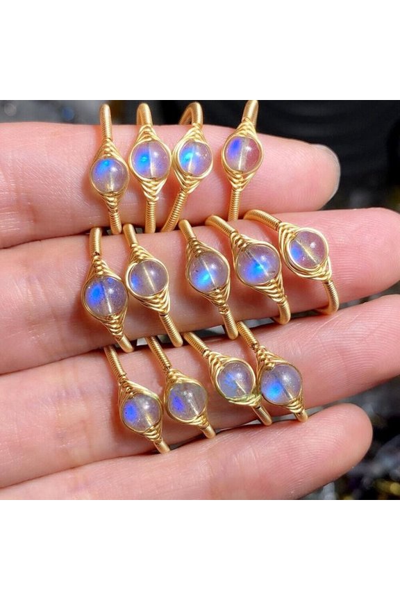 5 Pcs Flashy Natural Labradorite Gemstone Ring Handmade Gold Plated Rings USA