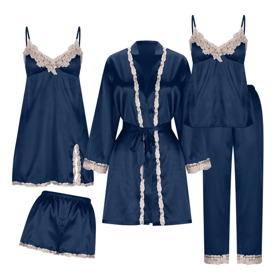 5 Pcs Floral Lace Trim Pajamas Set for Women Silk Robe Camisole Top Nightdress Short & Pant Cozy Pjs Sets
