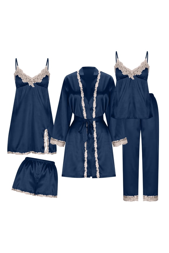5 Pcs Floral Lace Trim Pajamas Set for Women Silk Robe Camisole Top Nightdress Short & Pant Cozy Pjs Sets