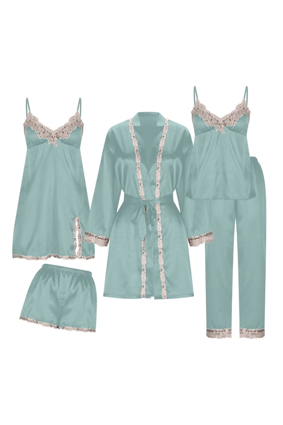5 Pcs Floral Lace Trim Pajamas Set for Women Silk Robe Camisole Top Nightdress Short & Pant Cozy Pjs Sets
