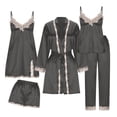 thumbnail image 1 of 5 Pcs Floral Lace Trim Pajamas Set for Women Silk Robe Camisole Top Nightdress Short & Pant Cozy Pjs Sets, 1 of 9