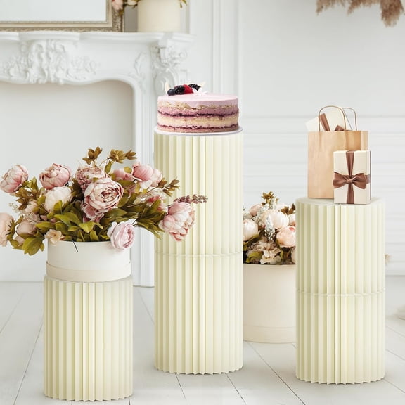 5 Pcs Foldable Cylinder Pedestal Stands with Acrylic Disc, White Cardboard Round Pillar Cake Stand for Wedding Party Decor