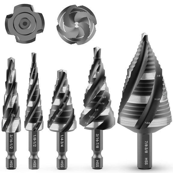 5 Pcs Four Spiral Flute Step Drill Bit Set, 1/8"-1-3/8" HSS Unibit Step Drill Bit, 1/4" and 3/8" Shank Step Bit for Metal, Stainless Steel, Aluminum, Wood, Plastic