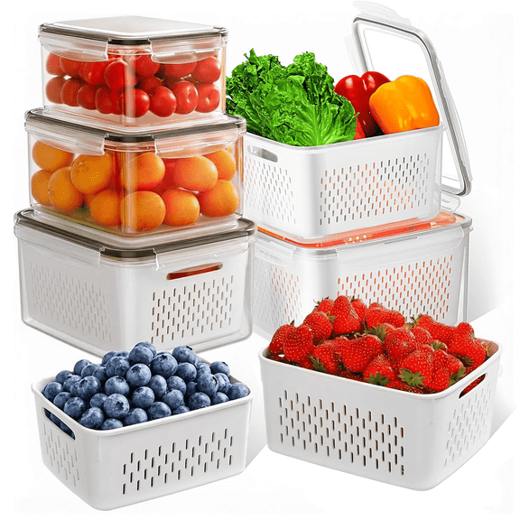5 Pcs Fruit Storage Containers for Fridge with Removable Colanders, Leakproof Produce Containers with Lids for Salad Berry Lettuce Vegetables Meat Fresh longer