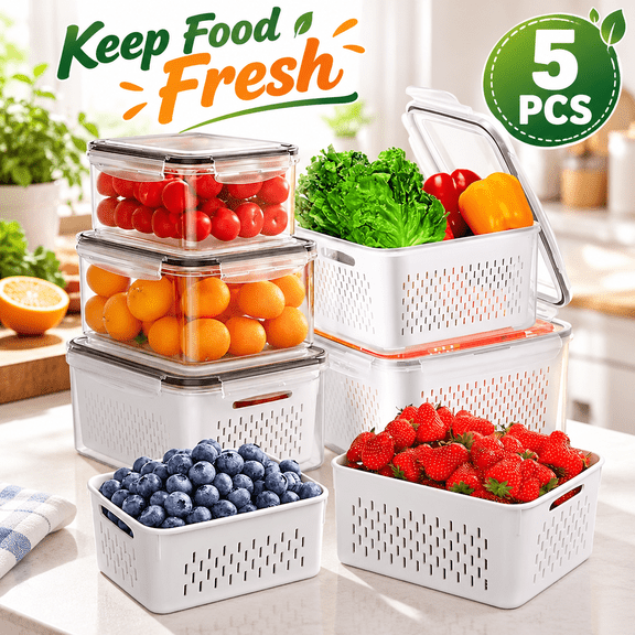 5 Pcs Fruit Storage Containers for Fridge with Removable Colanders, Leakproof Produce Containers with Lids for Salad Berry Lettuce Vegetables Meat Fresh longer