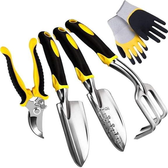 5 Pcs Gardening Tools Set,Garden Hand Tools Set Including Gloves, Pruner, Rake, Transplant Trowel and Trowel for Gardener, Garden Tools Kit