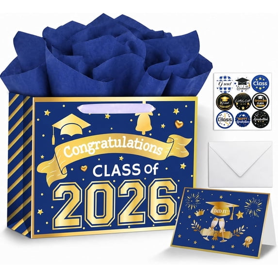 5 Pcs Gift Bags 2026, Graduation Bags for Gifts Congratulations Gifts Bag Class of 2026 Gift Bag with Greeting Card Envelope and Decorative Sticker for Party Treat Candy Chocolate