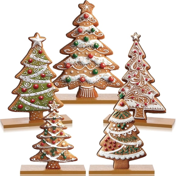 5 Pcs Gingerbread Christmas Table Decorations, Wooden Gingerbread Tree Decor, Winter Tiered Tray Decor with Base for Xmas Home Kitchen Shelf