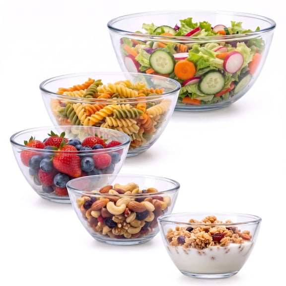 Vesteel Glass Mixing Bowl Set of 5 (4.8QT, 2.9QT,1.7QT,0.8QT, 0.5QT), Clear Nesting Salad Bowls for Baking, Cooking, Serving, Food Prep, Dishwasher Safe