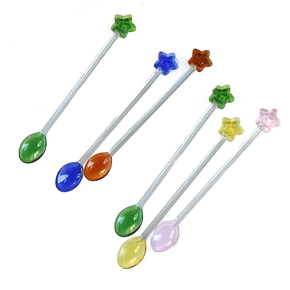 5 Pcs Glass Star Swizzle Sticks, 6 in / 15.7 cm Reusable Drink Stirrers, Colorful Coffee Stir Sticks for Cocktail Bar, High Borosilicate Glass with Star Spoon, Heat-Resistant to 302