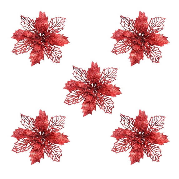 5 Pcs Glitter Poinsettia Flowers,Glitter Artificial Christmas Flowers,3.94 Inch Poinsettias Artificial Christmas Flowers,Christmas Tree Flowers Wreath, Mantel, Home Christmas Decor,Red
