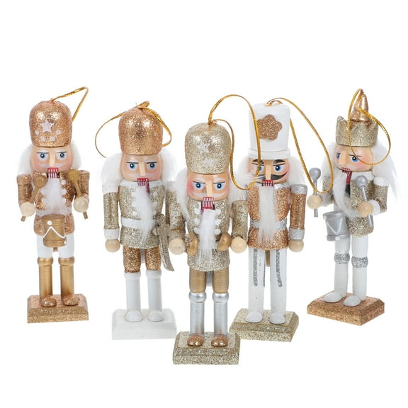 5 Pcs Glittered Nutcracker Ornament Set - Gold & Silver Mini Wooden King & Soldier Figures for Christmas Tree Decor (5 Inch)