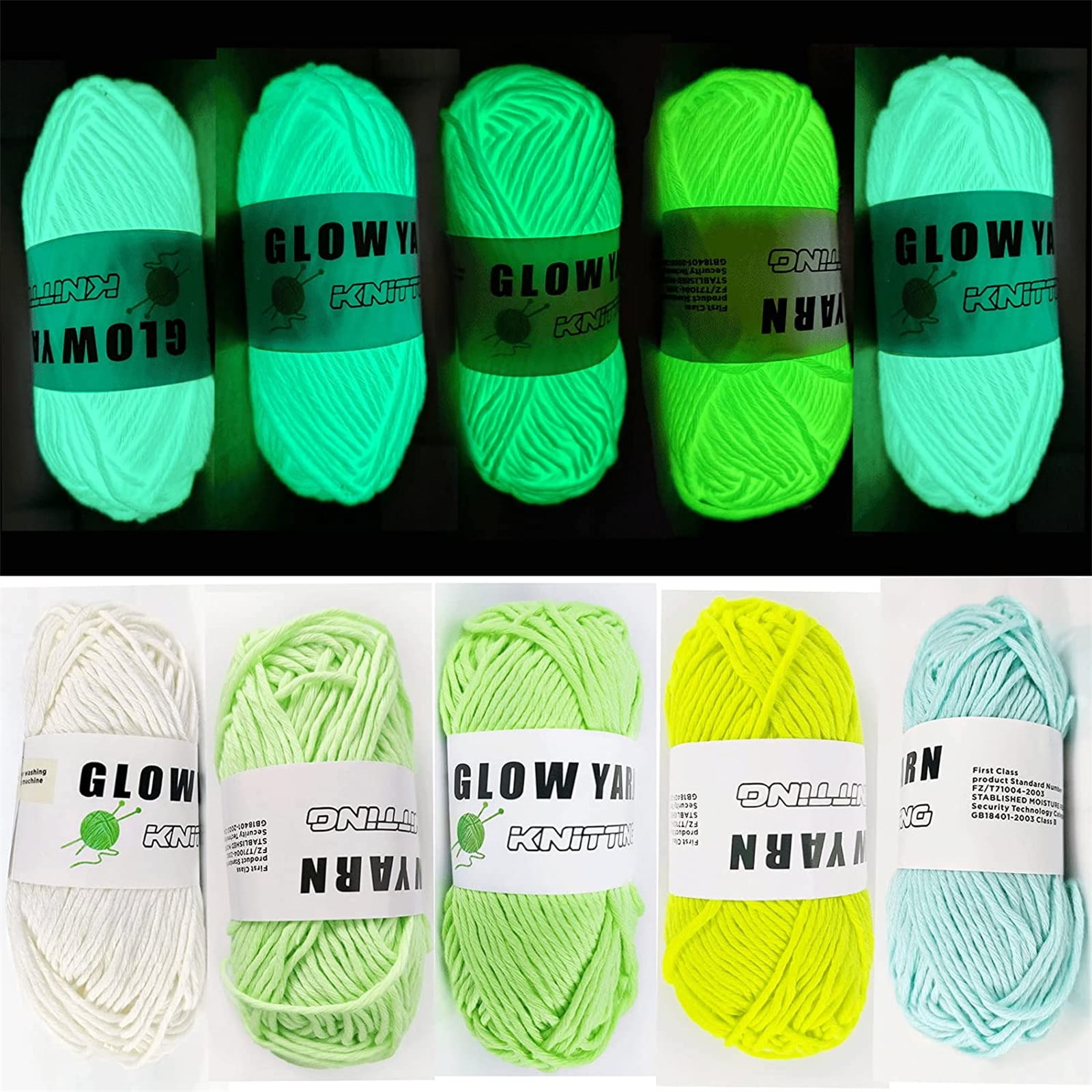 5 Pcs Glow in The Dark Yarn, Sewing Supplies,(55yd )for Crocheting for DIY Arts, Crafts & Sewing Beginners Glow in The Dark Party (White Lemon Yellow Light Blue Light Green Green)