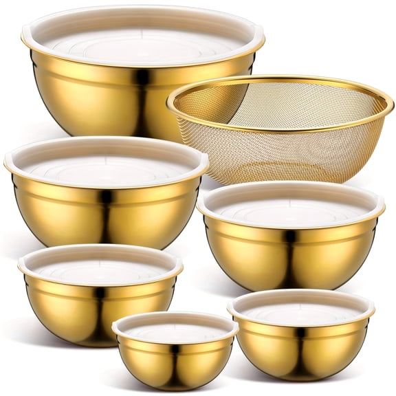 5 Pcs Gold Multi Size Stainless Steel Mixing Bowls Set with Lids, Stackable Bowl Set with Draining Basket, Premium Stainless Steel Cookware Set for Kitchen Food Prep and Storage