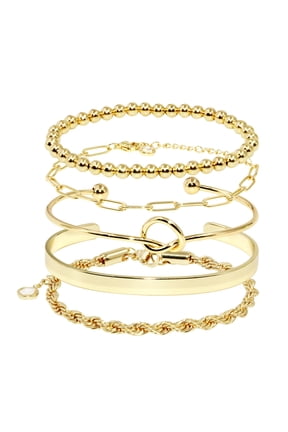 5 Pcs Gold Plated Stainless Steel Stackable Bracelets Set for Women, Cuban Twist Paperclip Chain Infinity Knot Chunky Bangle Beaded Bracelets, Trendy Fashion Jewelry Accessories Gifts