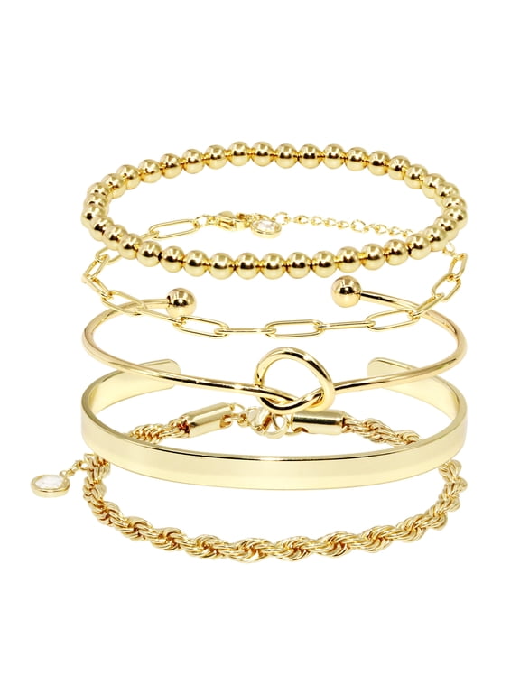 5 Pcs Gold Plated Stainless Steel Stackable Bracelets Set for Women, Cuban Twist Paperclip Chain Infinity Knot Chunky Bangle Beaded Bracelets, Trendy Fashion Jewelry Accessories Gifts