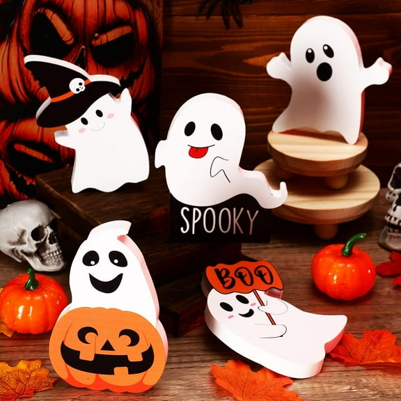 5 Pcs Halloween Cute Ghost Decor Halloween Wooden Tiered Tray Decor Black Witch Boo Spooky Signs Pumpkin Fall Blocks for Rustic Party Home Shelf Display