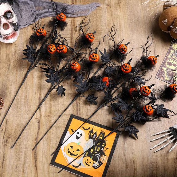 5 Pcs Halloween Pumpkin Artificial Branches Decorations19.5Inch Pumpkin Maple Leaf Floral Stems Halloween Decoration Gift for Home Indoor Party Vase Decor