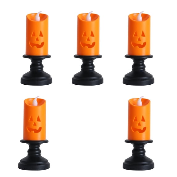 5 Pcs Halloween Pumpkin LED Flameless Candles with Black Candlestick,Battery Operated Flickering Candles for Mantel Tabletop Indoor Decor