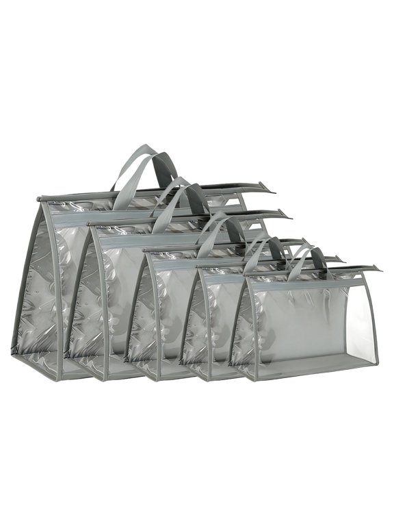 5 Pcs Handbag Dust Bags Set, Clear Purse Storage Organizer, Closet Hanging Bag with Zipper and Handle, Waterproof Protective Dust Cover Bag in 5 Sizes, Gray