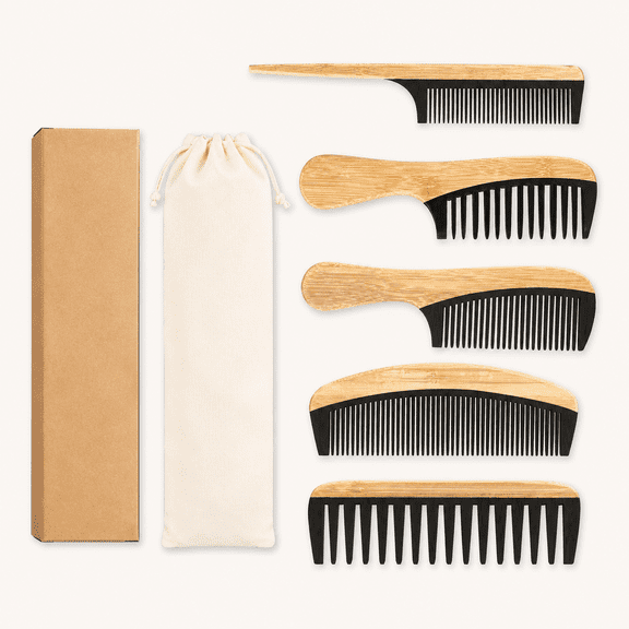 5 Pcs Handmade Bamboo Anti-Static Comb Set for Women and Men - Wide Tooth, Rat Tail, and Fine Tooth Combs for Long, Short, Thick, Thin, Wavy, and Curly Hair Detangling (Natural + Black)