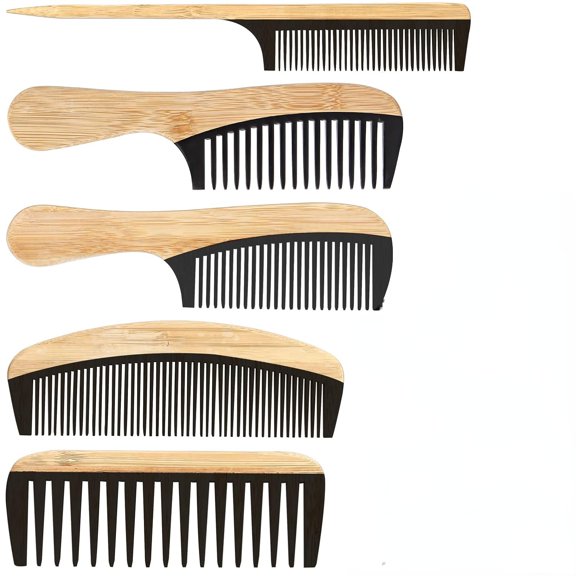 5 Pcs Handmade Bamboo Anti-Static Comb Set for Women and Men - Wide Tooth, Rat Tail, and Fine Tooth Combs for Long, Short, Thick, Thin, Wavy, and Curly Hair Detangling (Natural + Black)