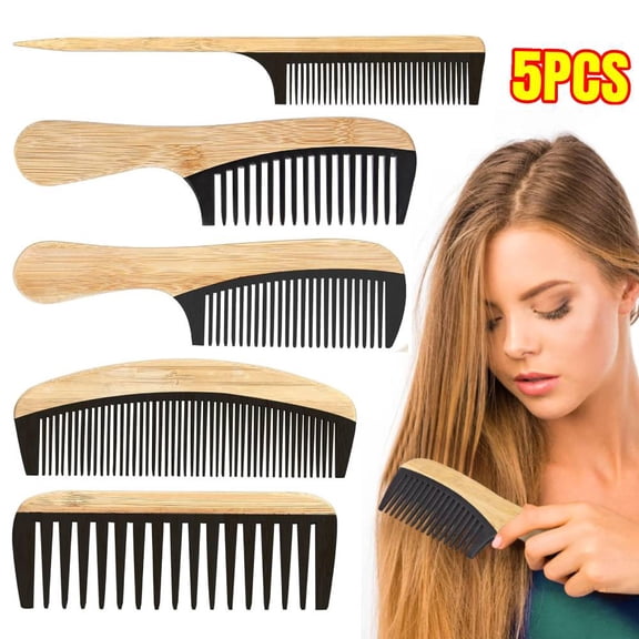 5 Pcs Handmade Bamboo Anti-Static Comb Set for Women and Men - Wide Tooth, Rat Tail, and Fine Tooth Combs
