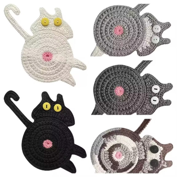 5 Pcs Handmade Crochet Cat Coasters, Non-Slip Cup Mats for Coffee Tea Drinks, Tabletop Protection and Home Decoration