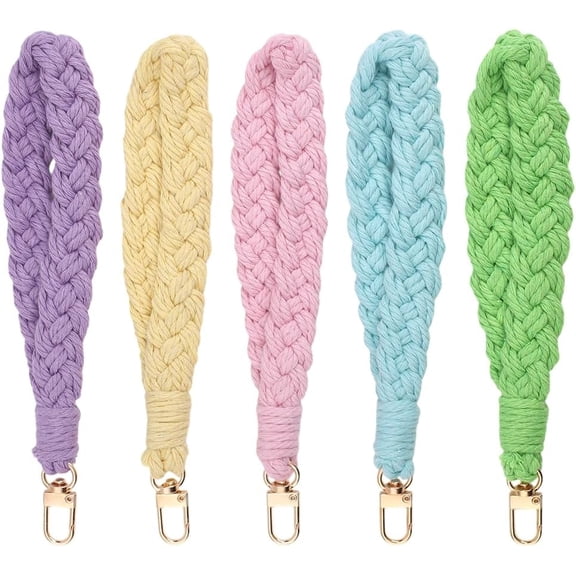 5 Pcs Handmade Keychains Boho Handmade Lanyard Macrame Keychain Wristlet Keyring Holder Bracelet Braided Cotton Pendant Decorations for Women