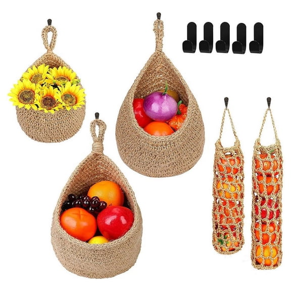 5 Pcs Hanging Kitchen Storage Basket Set, Wall Hanging Fruit Baskets Pantry Organizer Vegetable Keeper with 5 Hooks