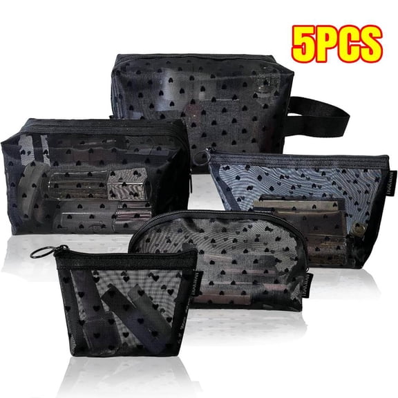 5 Pcs Heart Print Mesh Cosmetic Bags Black Mesh Makeup Bag Set Different Size Zipper Cosmetic Pouches Make up Purse Pouch Portable Toiletry Bags