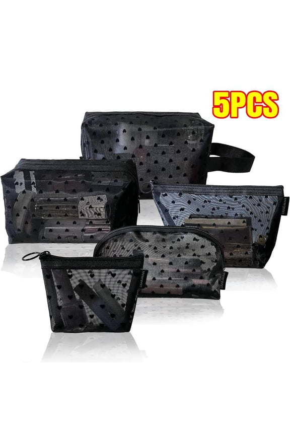 5 Pcs Heart Print Mesh Cosmetic Bags Black Mesh Makeup Bag Set Different Size Zipper Cosmetic Pouches Make up Purse Pouch Portable Toiletry Bags