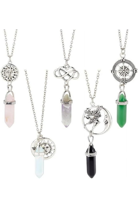 5 Pcs Hexagonal Necklace Spiritual Pendant Pendulum Pointed Quartz Stone Chain Pendant Gemstone Pendant Jewelry for Women Men Friends Gift Gray