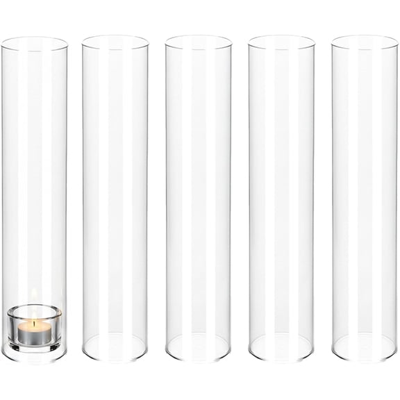 5 Pcs Hurricane Glass Candle Holder Sleeves, H: 9.6" D: 1.97" Open Ended Clear Cylinder Chimney Tubes, Bottomless Windproof Shades for Taper Candlesticks, Wedding Table Centerpieces Decor