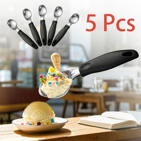 5 Pcs Ice Cream Scoop Heavy Duty Stainless Steel Icecream Spoon Scooper With Non-Slip Rubber Grip Professional Metal Ice-Cream Spade Dishwasher Safe
