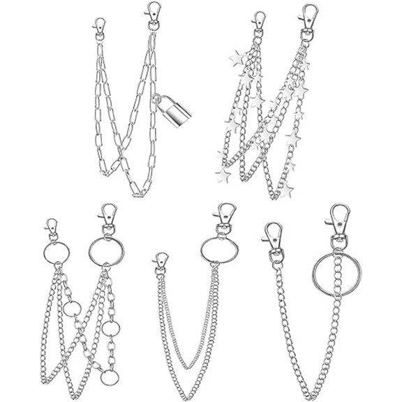 5 Pcs Iridescent Goth Belt Chains, Adjustable Punk Jewelry with Lock & Celestial Pendants, Versatile Unisex Decor for Jeans, Bags, All Season