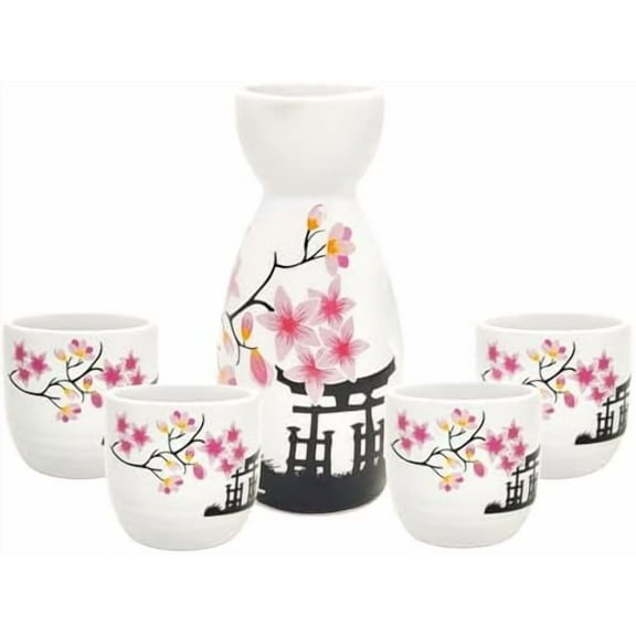 5 Pcs Japanese Sake Set 200ml Sake Bottle and 50ml Sake Cup Set Traditional Hand Painted Design Porcelain Pottery Ceramic Soju Cups Saki Glasses (Sakura)