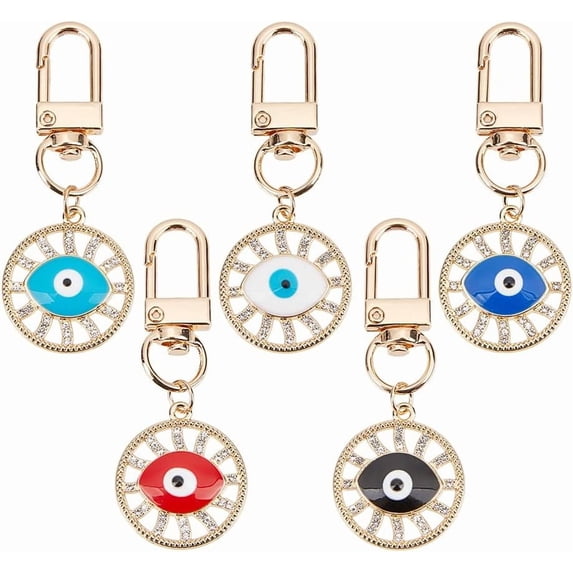5 Pcs Keychain 5 Colors Light Gold Clasp Protection Charm Flat Round Alloy Good Luck Keychain for Handbag Hooks Home Decoration for DIY