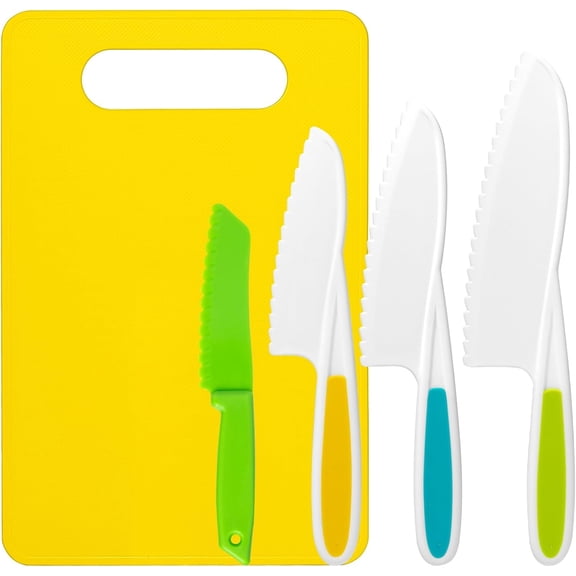 5 Pcs Kids Cooking Sets Real, Montessori Kitchen Tools, Kids Knife Set for Real Cooking, 4 Pcs Children's Safety Cooking Knives, 1 Pc Cutting Board, Serrated Edges Toddler Girl Boy