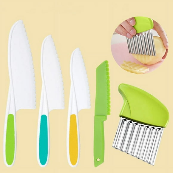 5 Pcs Kids Knife Set, Kids Safe Cooking Knives, Nylon Kids Kitchen Knife with Crinkle Cutter, Serrated Edges Plastic Toddler Knife Kids Knives for Real Cooking & Cutting Fruit, Bread, Lettuce, Type 1