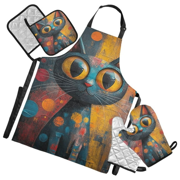 5 Pcs Kitchen Set Heat Resistant Oven Mitts and Non-Slip Pot Holders with Adjustable Cooking Apron Abstract Cute Cat