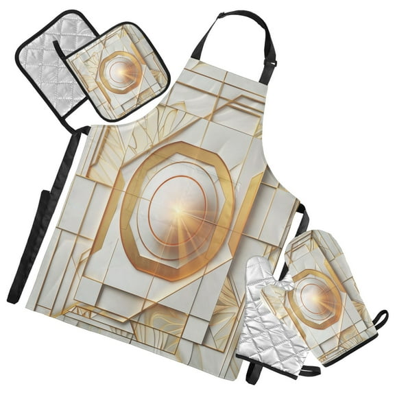 5 Pcs Kitchen Set Heat Resistant Oven Mitts and Non-Slip Pot Holders with Adjustable Cooking Apron Abstract White Geometric