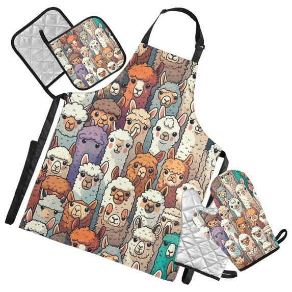 5 Pcs Kitchen Set Heat Resistant Oven Mitts and Non-Slip Pot Holders with Adjustable Cooking Apron Alpaca Llama Animal Faces
